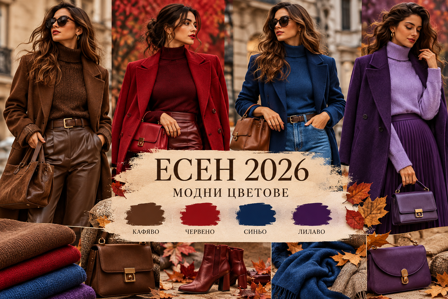 Модни цветови комбинации за есен 2026 – как да носим кафяво, червено, синьо и лилаво